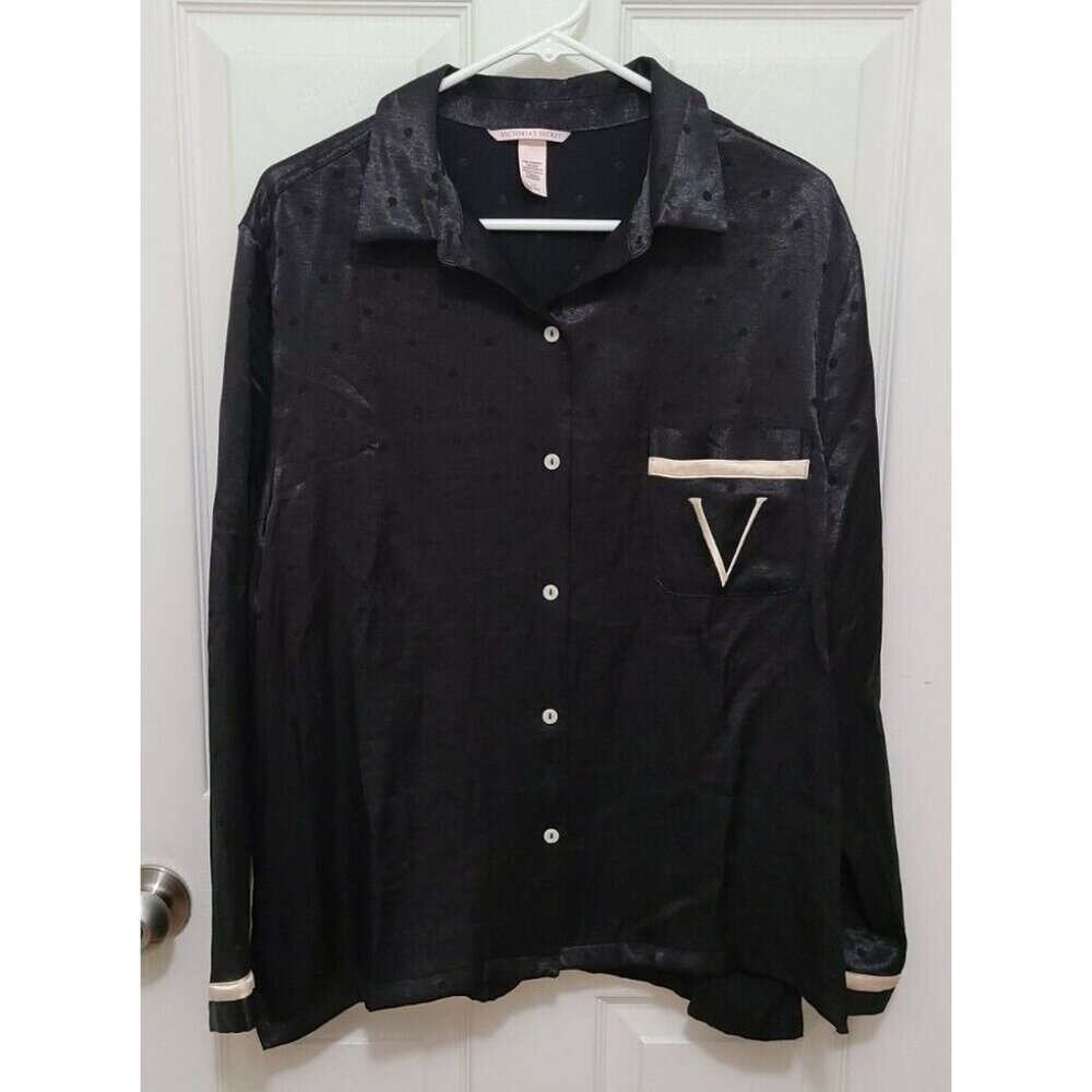 Victoria's Secret L/S Button Up Pajama Sleep Shirt Black Satin Embroidered "V" L